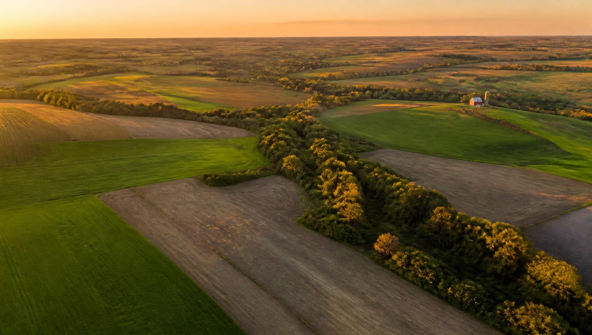 Aerial view of Midwest farmland at golden hour